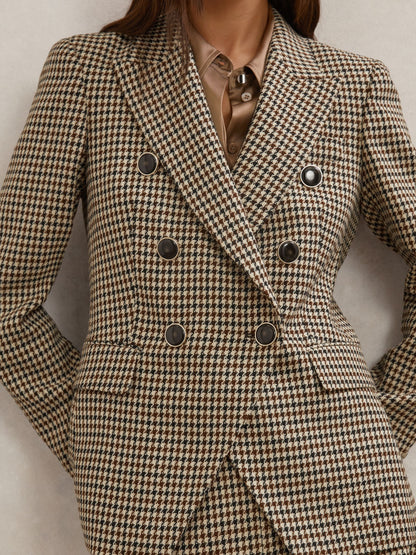 Wool-Blend Double-Breasted Check Blazer in Neutral Check