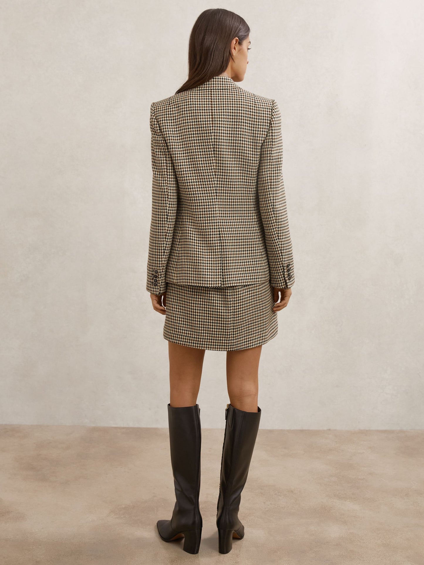 Wool-Blend Double-Breasted Check Blazer in Neutral Check