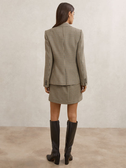 Wool-Blend Double-Breasted Check Blazer in Neutral Check