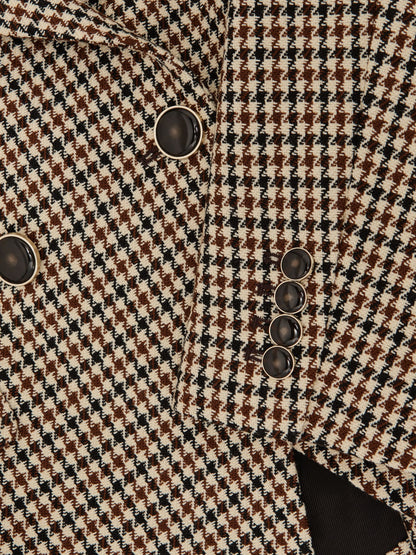 Wool-Blend Double-Breasted Check Blazer in Neutral Check