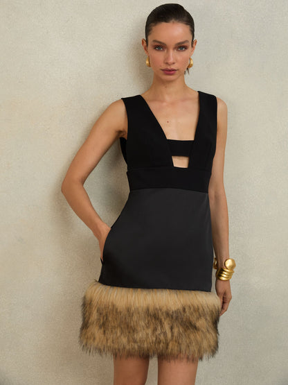 Atelier Satin Faux-Fur Trim Mini Dress in Black