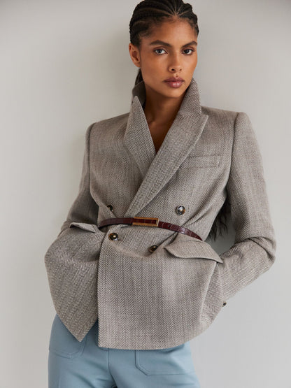 Herringbone Double-Breasted Blazer Wool-Cotton in Grey