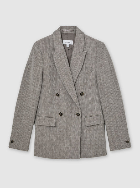 Herringbone Double-Breasted Blazer Wool-Cotton in Grey