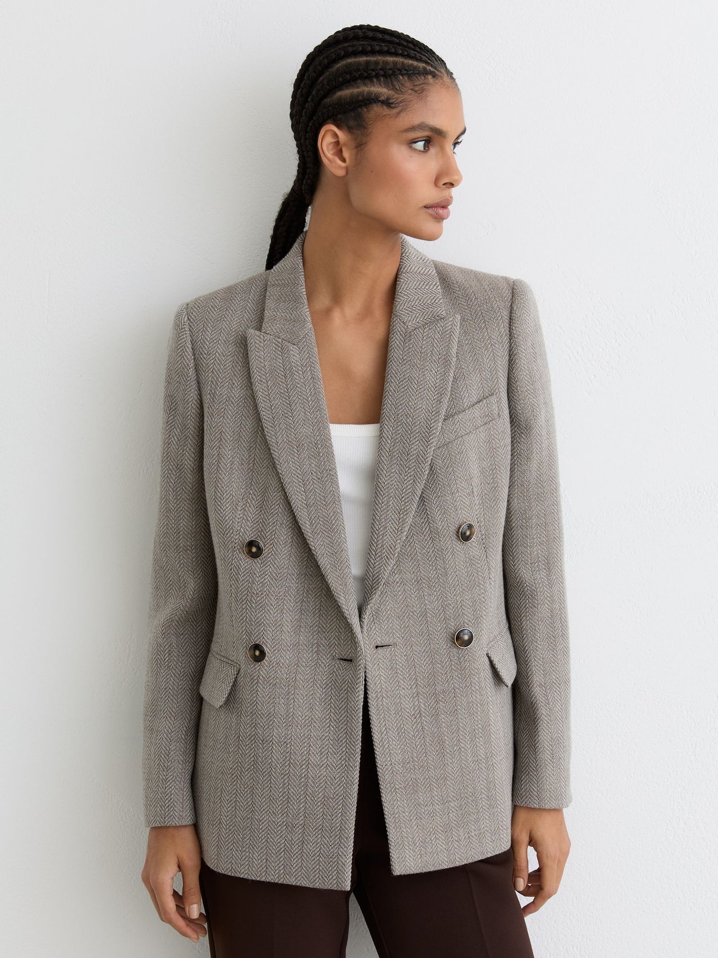 Herringbone Double-Breasted Blazer Wool-Cotton in Grey