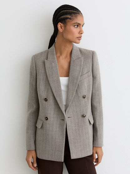 Herringbone Double-Breasted Blazer Wool-Cotton in Grey