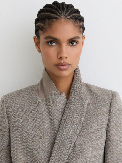 Herringbone Double-Breasted Blazer Wool-Cotton in Grey
