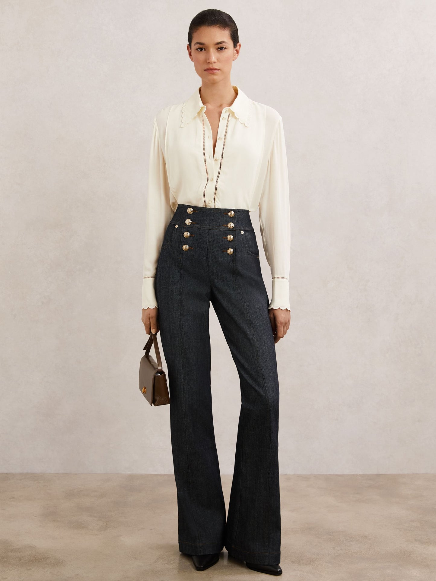 Button-Detail Flared Jeans in Dark Blue