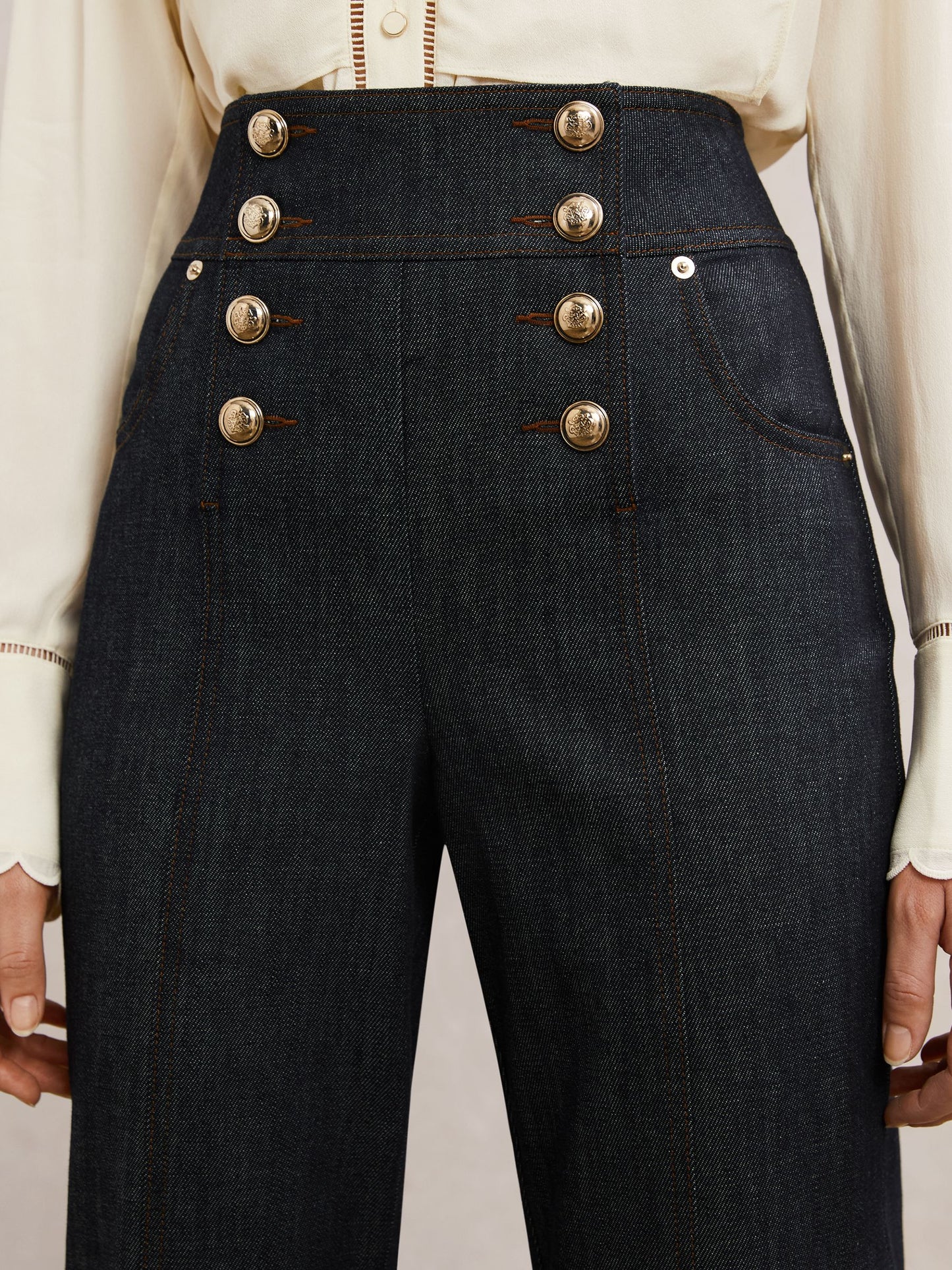 Button-Detail Flared Jeans in Dark Blue