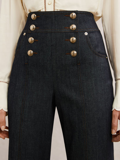 Button-Detail Flared Jeans in Dark Blue