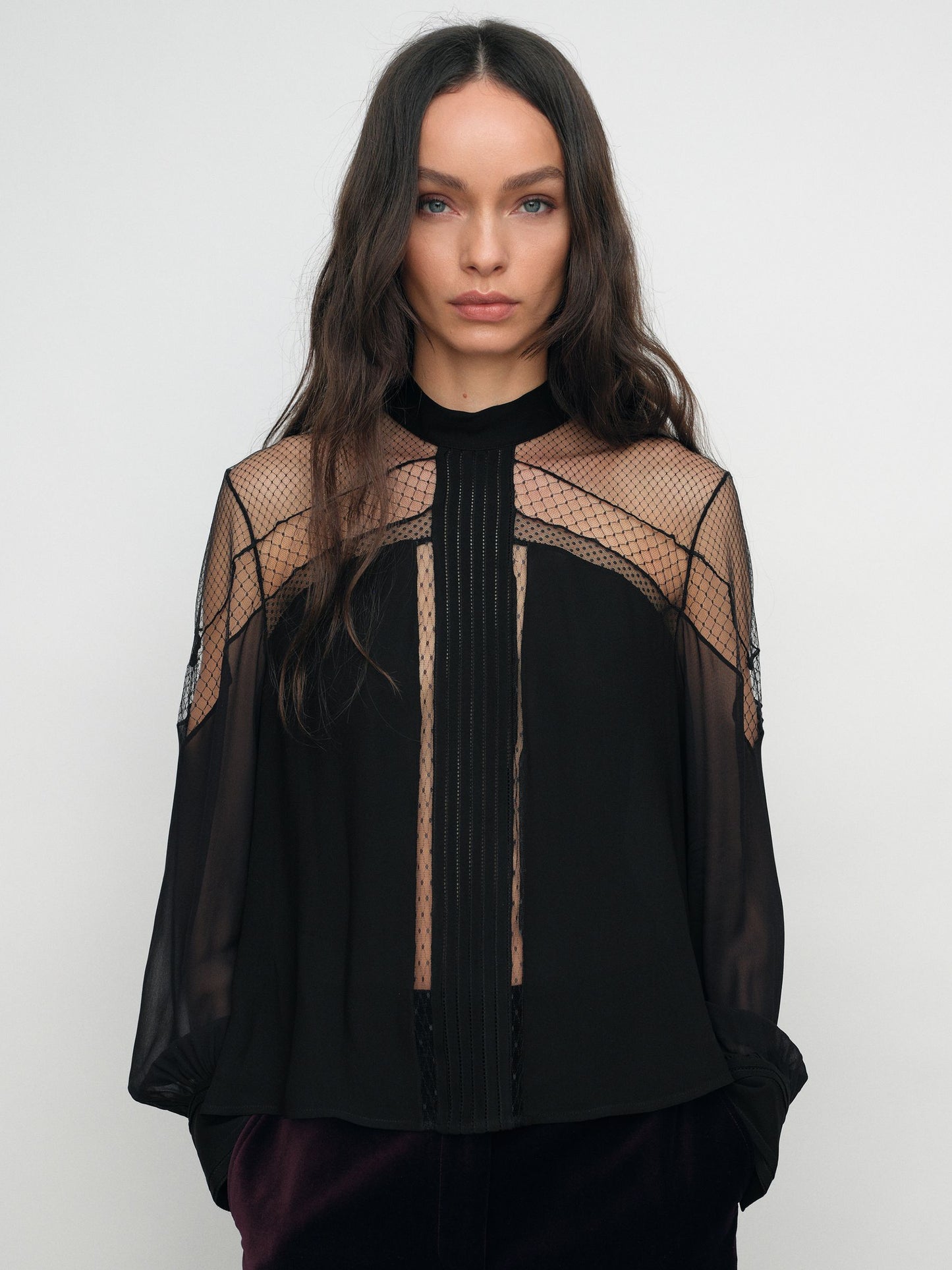 Marnie Lace-Insert Tie-Back Blouse in Black