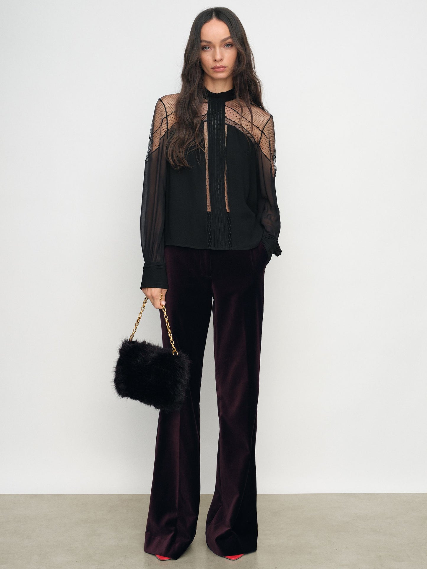 Marnie Lace-Insert Tie-Back Blouse in Black