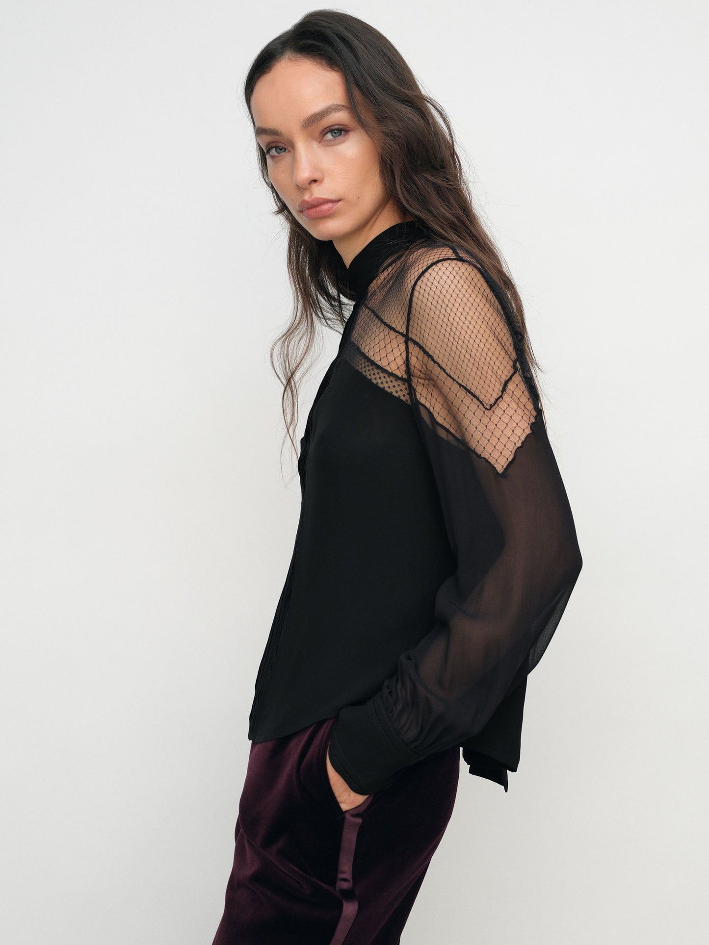 Marnie Lace-Insert Tie-Back Blouse in Black