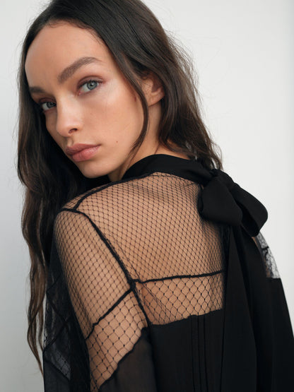 Marnie Lace-Insert Tie-Back Blouse in Black