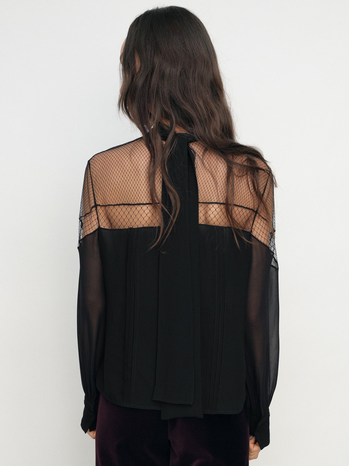 Marnie Lace-Insert Tie-Back Blouse in Black