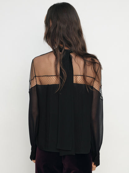 Marnie Lace-Insert Tie-Back Blouse in Black