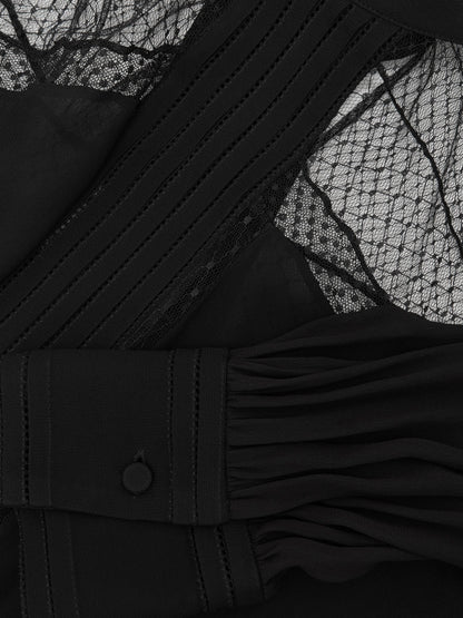 Marnie Lace-Insert Tie-Back Blouse in Black