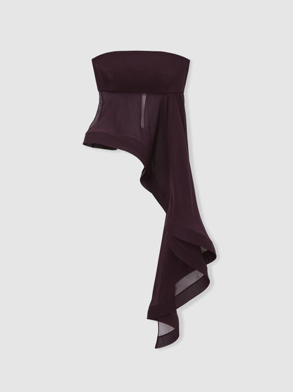 Silk Asymmetric-Ruffle Bandeau Top in Burgundy