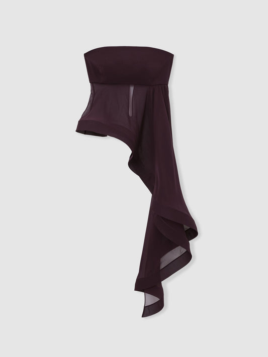 Silk Asymmetric-Ruffle Bandeau Top in Burgundy