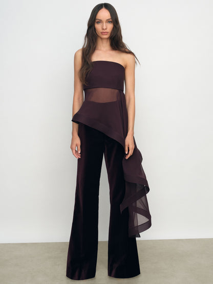 Reiss Silk Asymmetric-Ruffle Bandeau Top in Burgundy