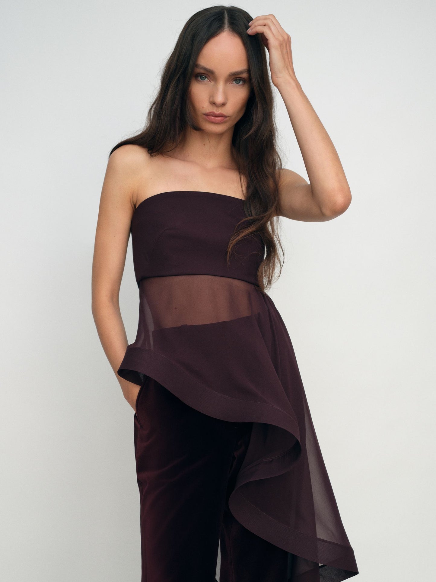 Reiss Silk Asymmetric-Ruffle Bandeau Top in Burgundy