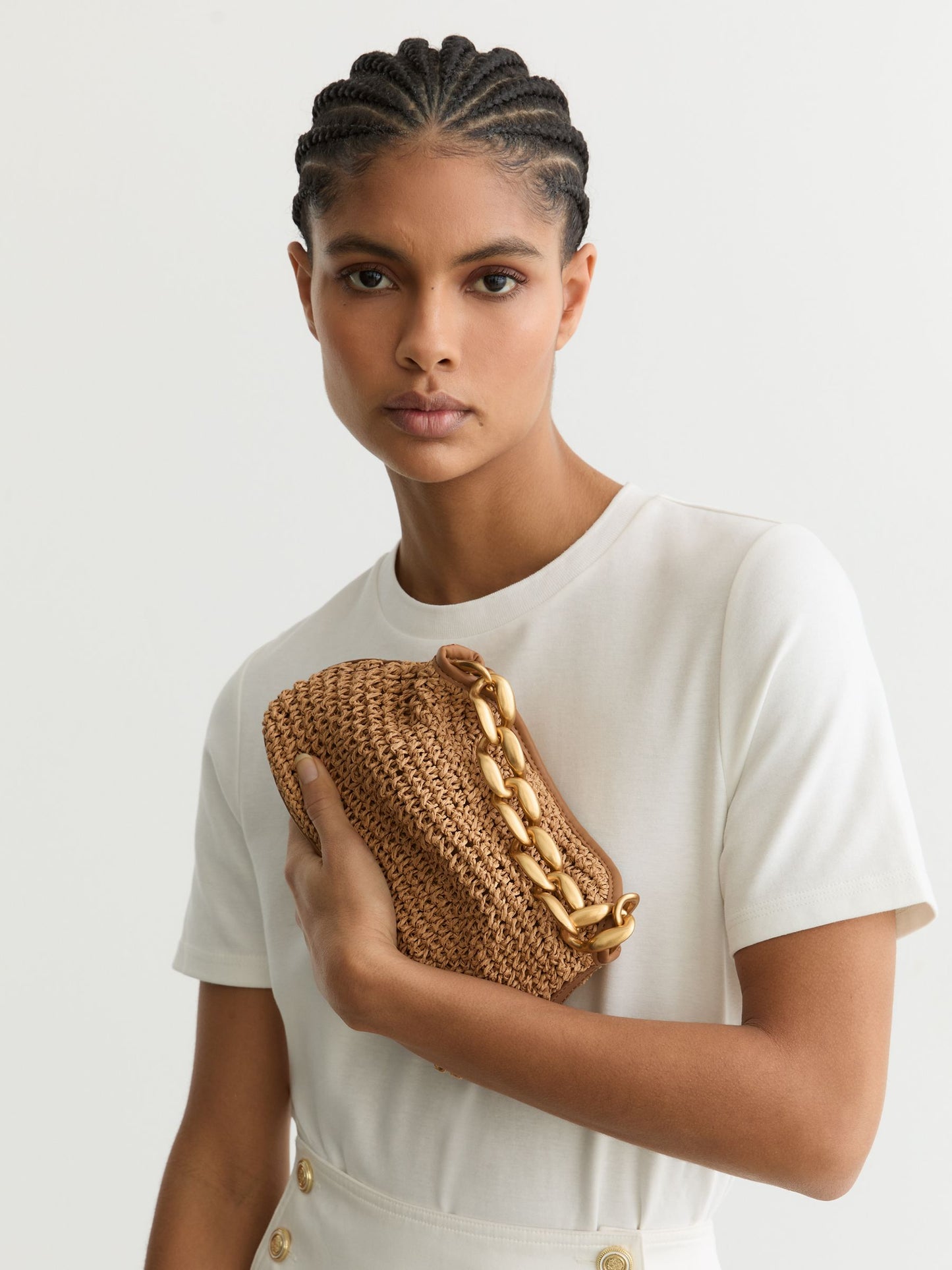 Raffia-Effect Chain Grab Bag in Natural
