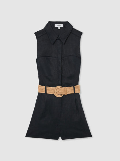 Linen Sleeveless Belted Playsuit in Navy Blue