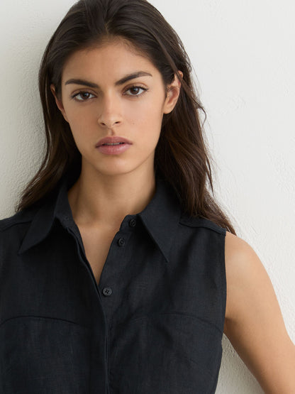 Linen Sleeveless Belted Playsuit in Navy Blue