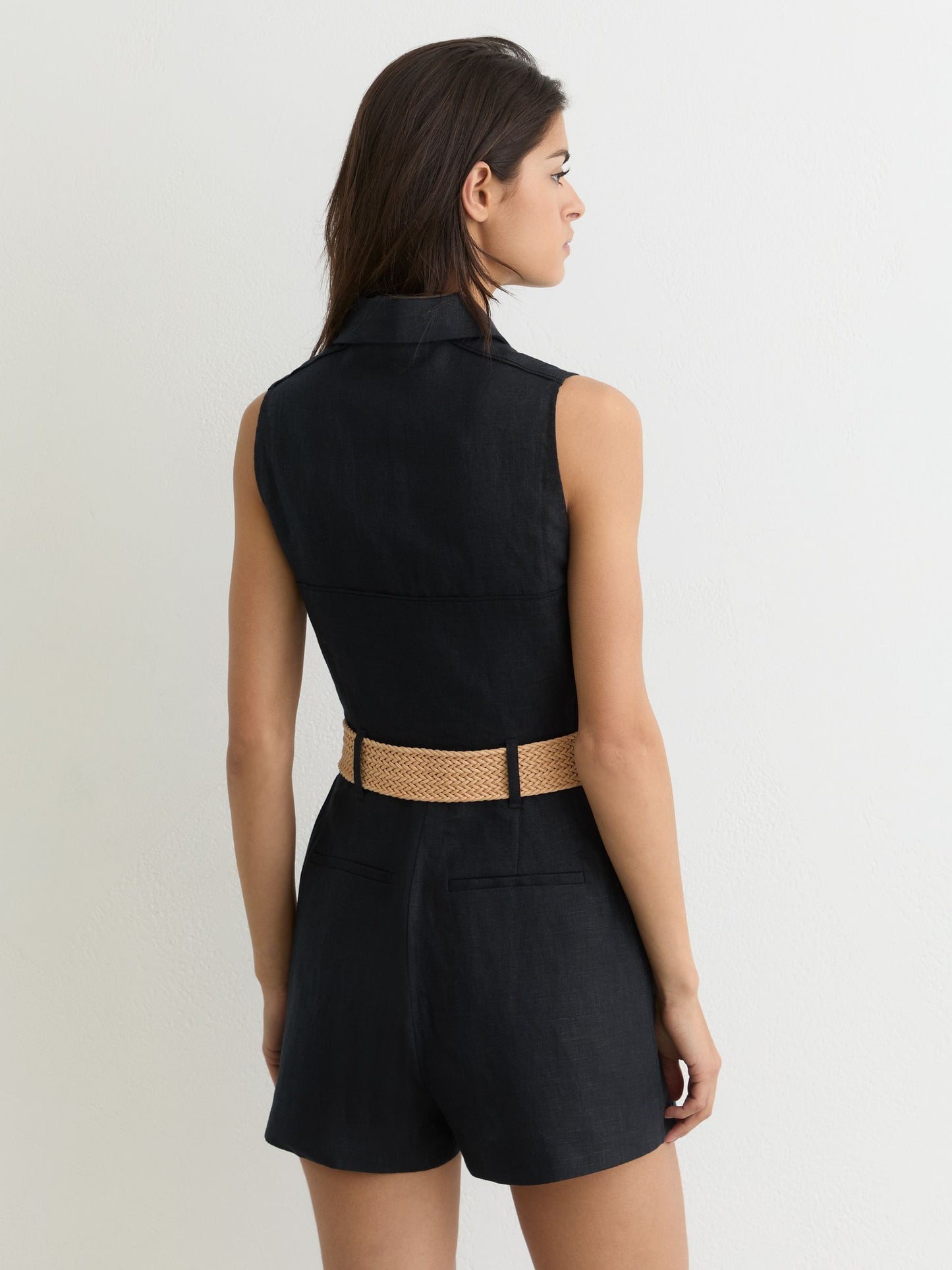 Linen Sleeveless Belted Playsuit in Navy Blue