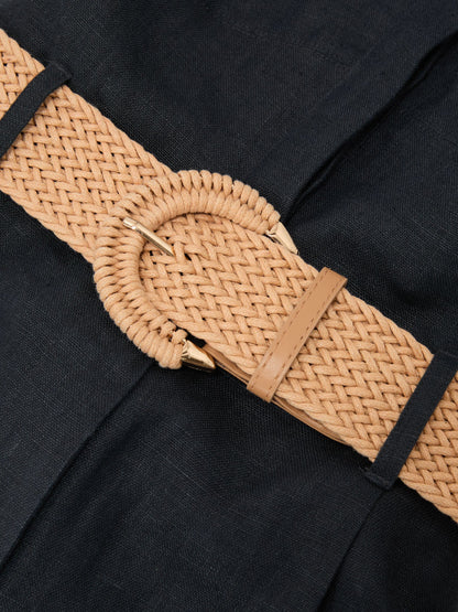 Linen Sleeveless Belted Playsuit in Navy Blue