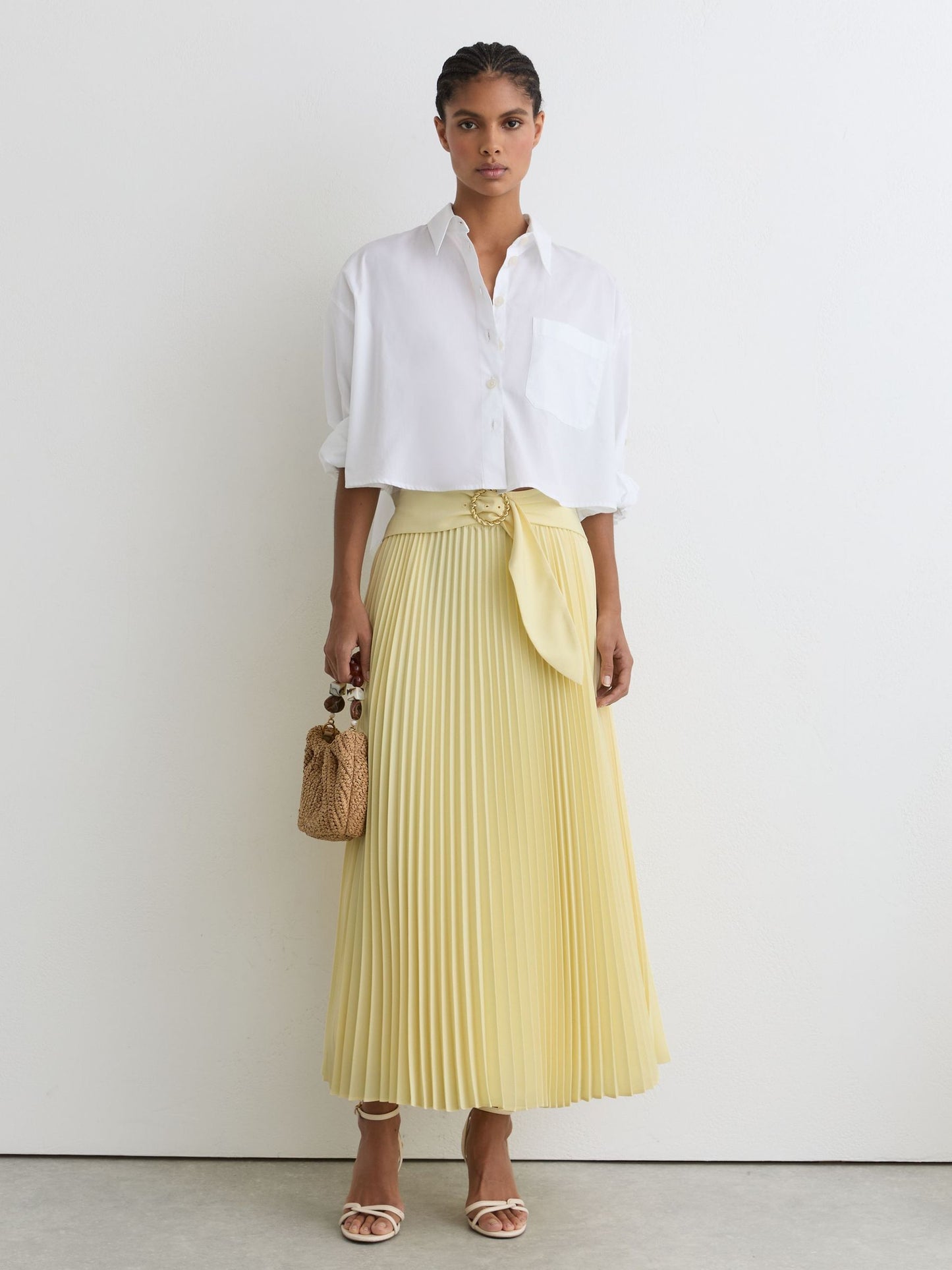 Pleated Belted Midi Skirt in Yellow