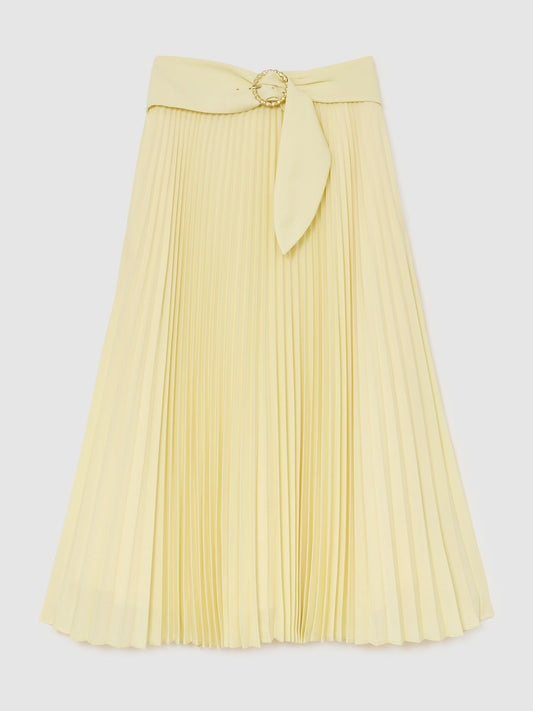 Pleated Belted Midi Skirt in Yellow