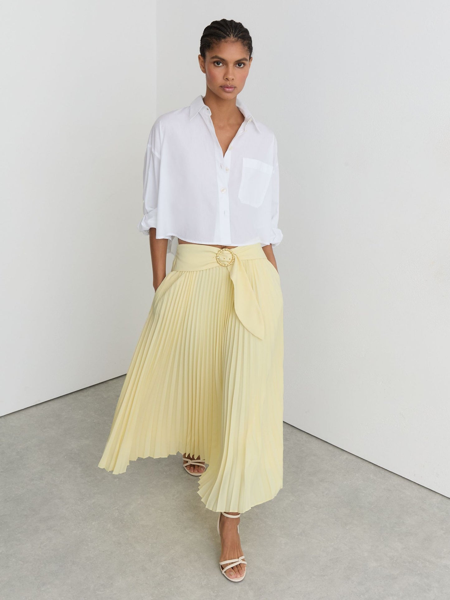 Pleated Belted Midi Skirt in Yellow