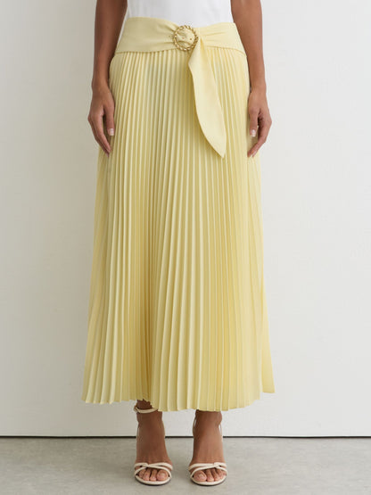 Pleated Belted Midi Skirt in Yellow