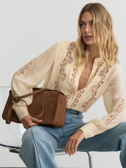 Cutwork-Embroidery Sheer-Sleeve Blouse in Pale Yellow