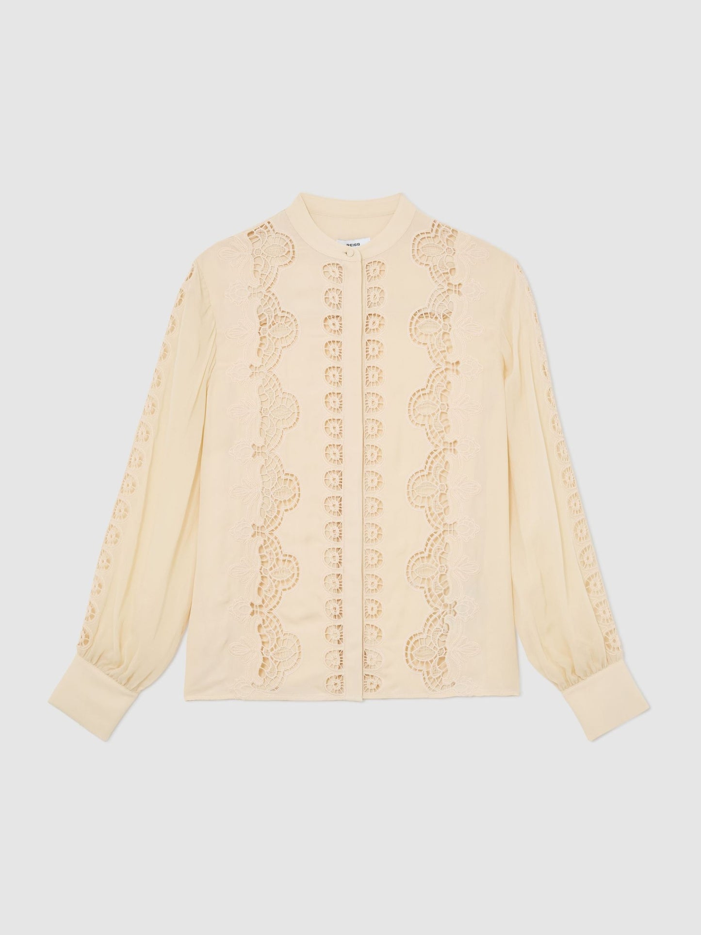 Cutwork-Embroidery Sheer-Sleeve Blouse in Pale Yellow