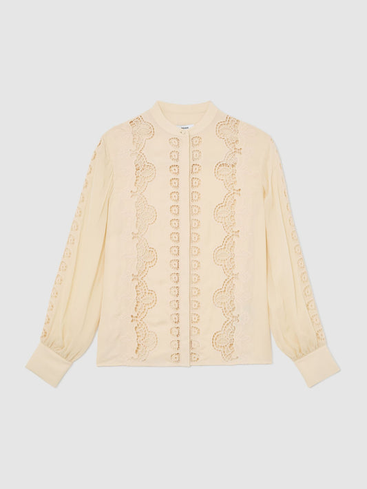 Cutwork-Embroidery Sheer-Sleeve Blouse in Pale Yellow