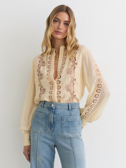 Cutwork-Embroidery Sheer-Sleeve Blouse in Pale Yellow