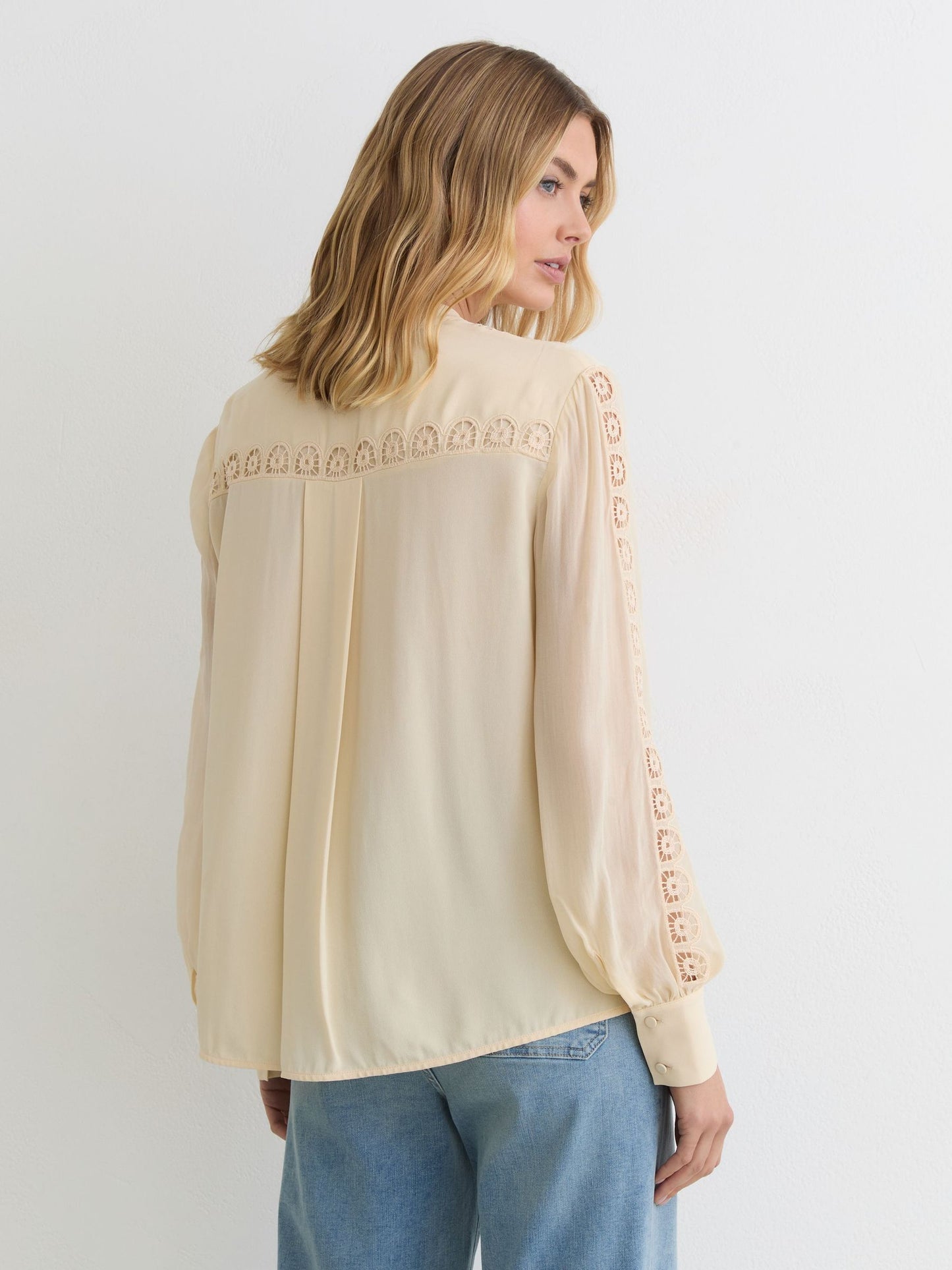 Cutwork-Embroidery Sheer-Sleeve Blouse in Pale Yellow