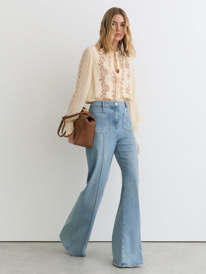 Cutwork-Embroidery Sheer-Sleeve Blouse in Pale Yellow