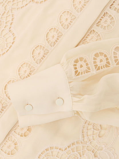 Cutwork-Embroidery Sheer-Sleeve Blouse in Pale Yellow