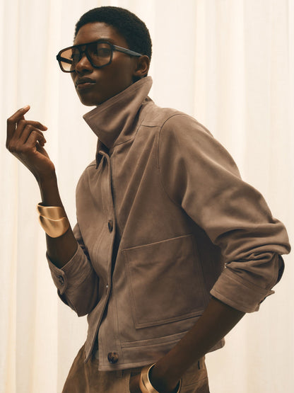 Suede Cropped Trucker Jacket in Neutral