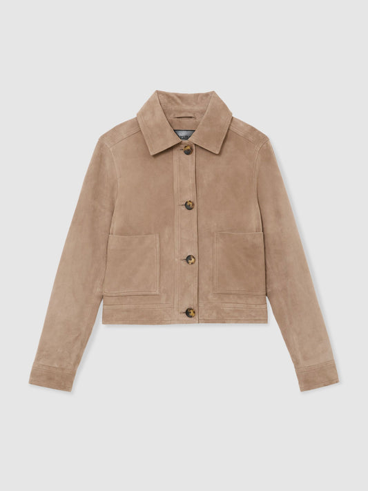 Suede Cropped Trucker Jacket in Neutral
