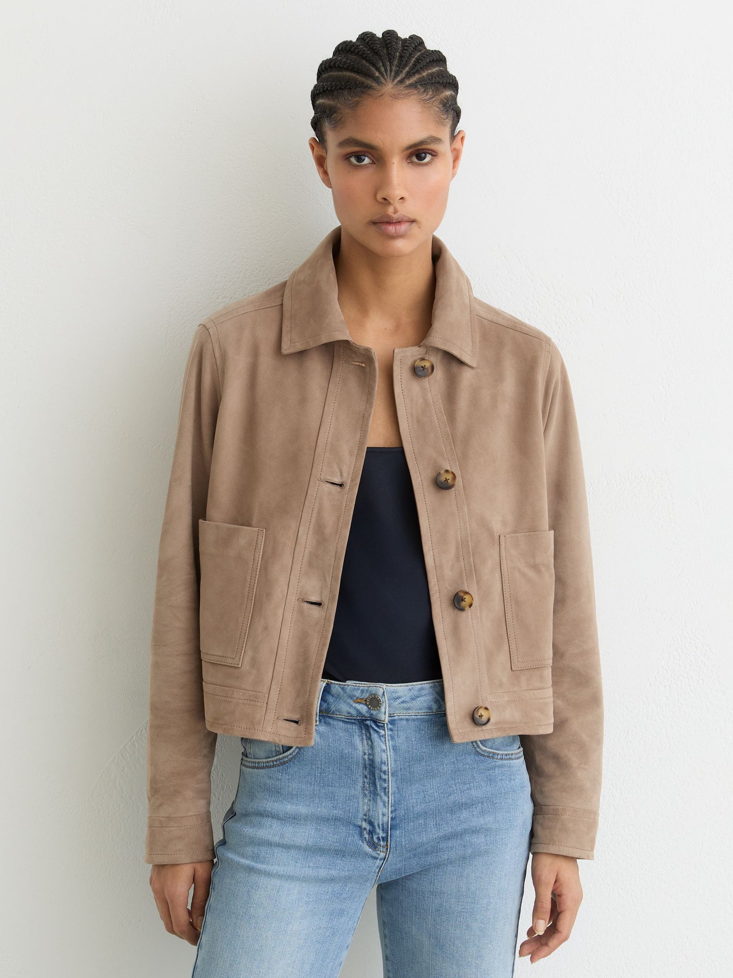 Suede Cropped Trucker Jacket in Neutral