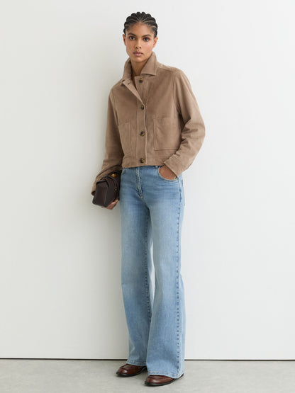 Suede Cropped Trucker Jacket in Neutral
