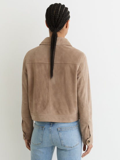 Suede Cropped Trucker Jacket in Neutral