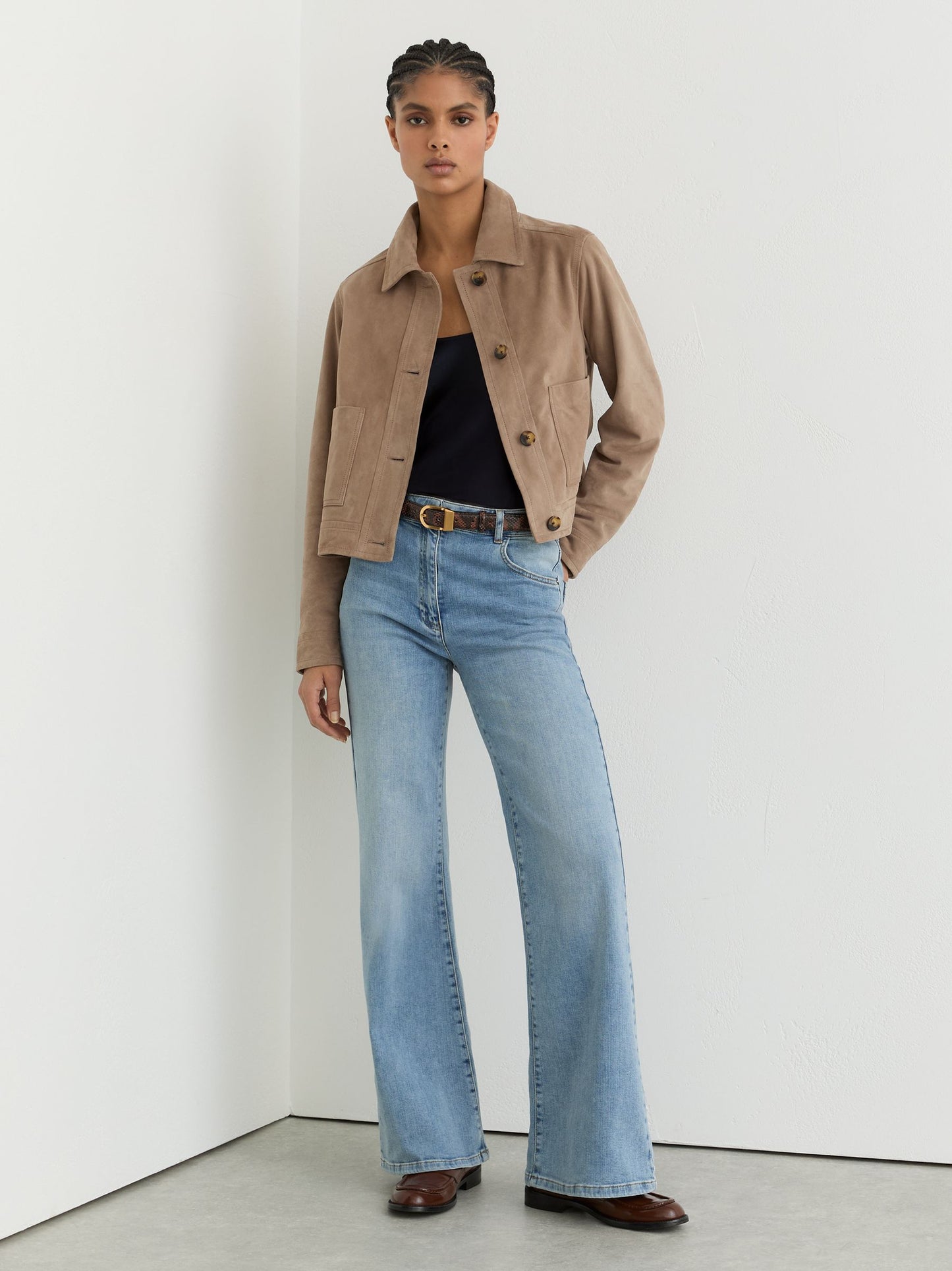 Suede Cropped Trucker Jacket in Neutral