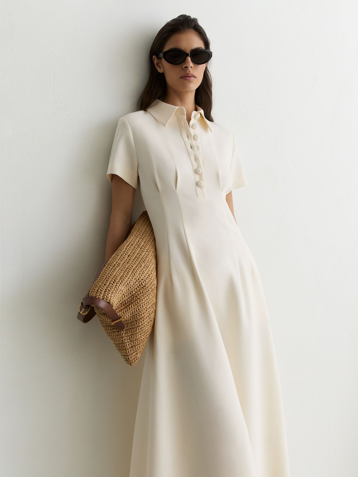 Button-Neck Short-Sleeve Midi Dress in Cream
