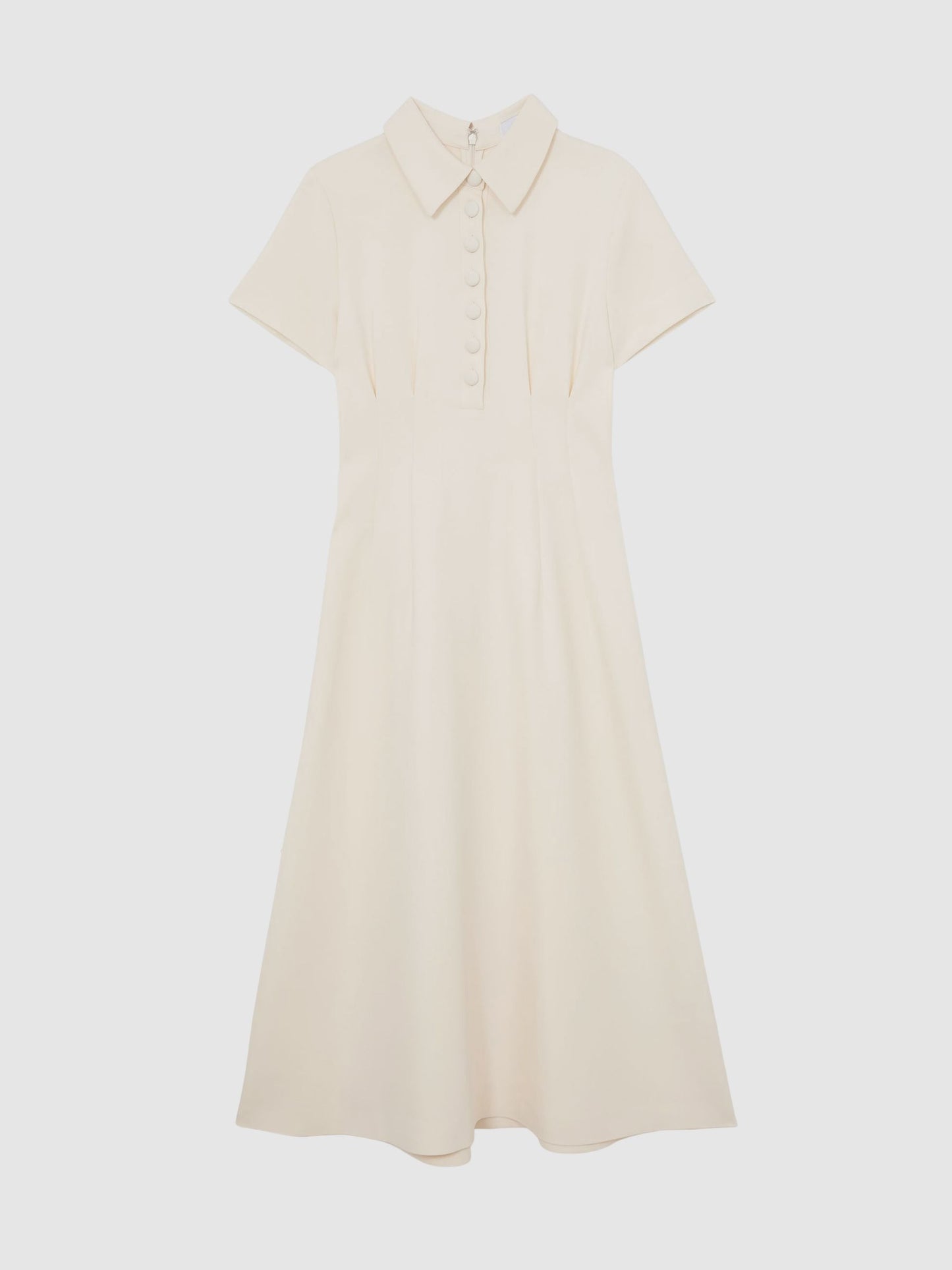 Button-Neck Short-Sleeve Midi Dress in Cream