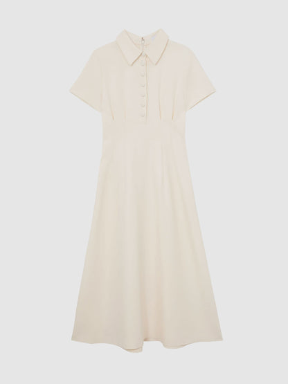 Button-Neck Short-Sleeve Midi Dress in Cream