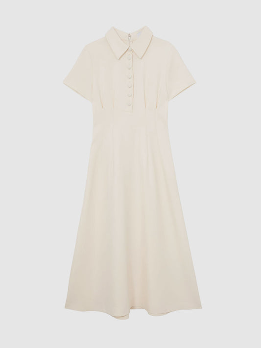 Button-Neck Short-Sleeve Midi Dress in Cream